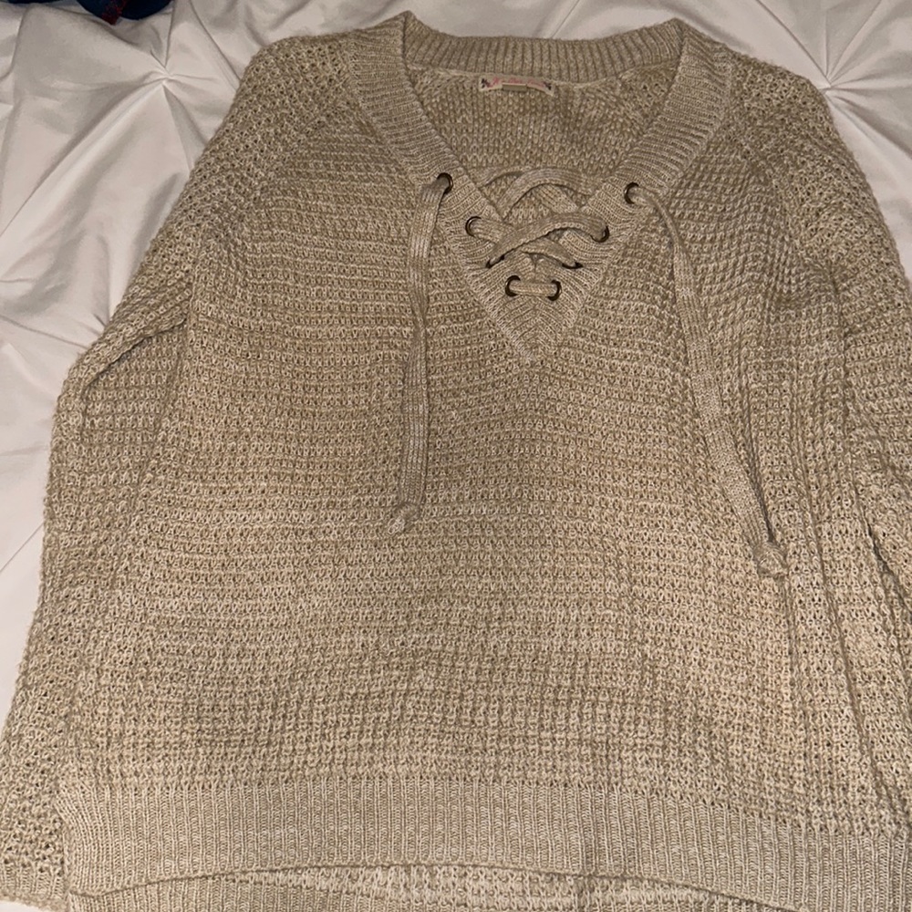 It’s our time beige tie up sweater